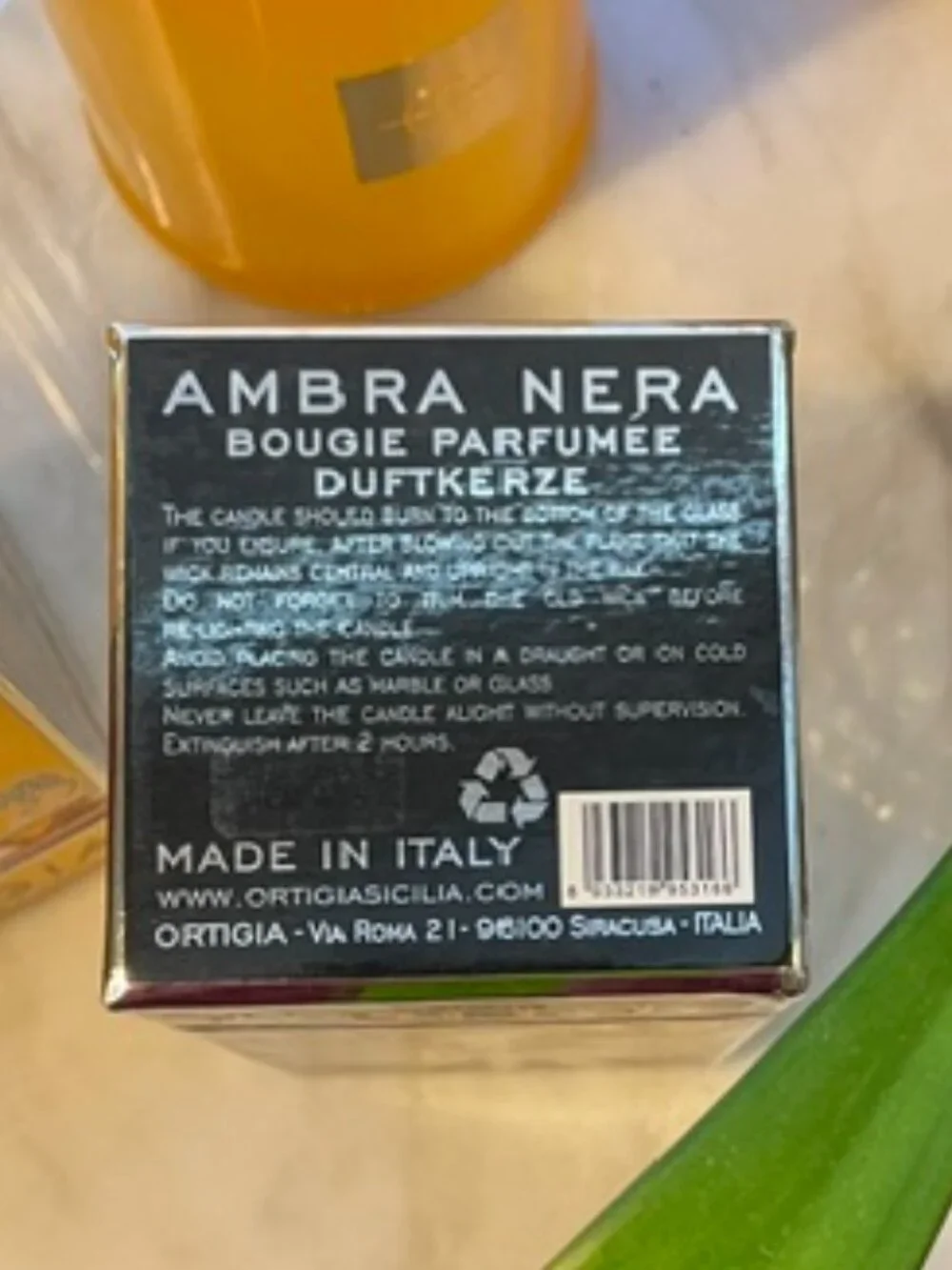 ORTIGIA Ambra Nera Large Candle 6 oz. NWT Gift Boxed